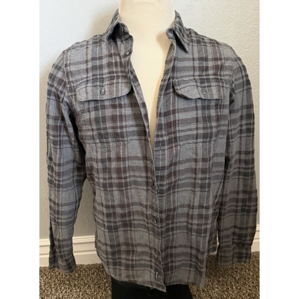 Prana Button Up Shirt Mens Small Gray Flannel Long Sleeve Regular Fit Hiking